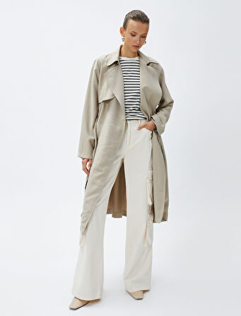 Dökümlü Kruvaze Trençkot Kemerli