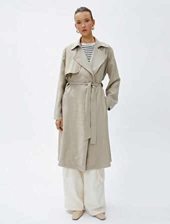 Dökümlü Kruvaze Trençkot Kemerli