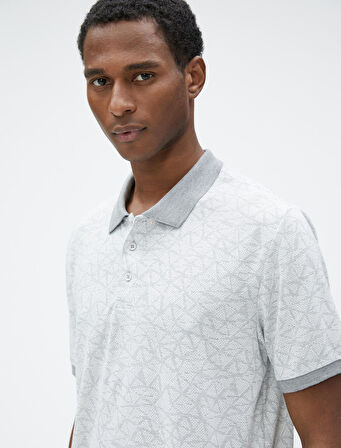 Polo Yaka Tişört Geometrik Baskılı Kısa Kollu Dar Kesim