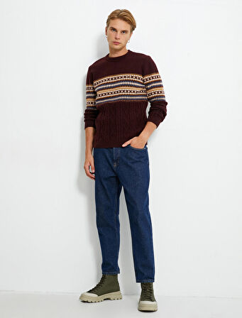 Bisiklet Yaka Kazak Etnik Desenli Dokulu Uzun Kollu