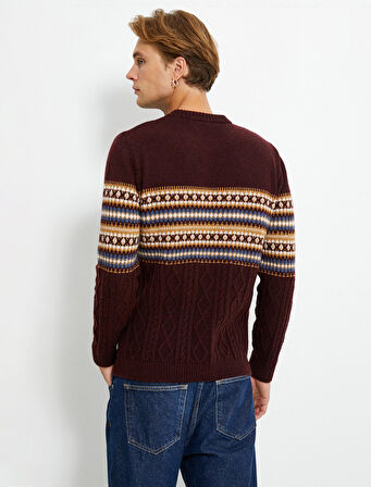 Bisiklet Yaka Kazak Etnik Desenli Dokulu Uzun Kollu