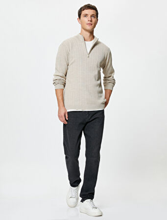 Yarım Fermuarlı Kazak Dik Yaka Dokulu Uzun Kollu