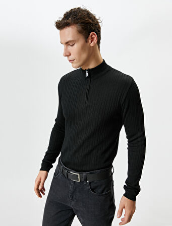 Yarım Fermuarlı Kazak Dik Yaka Dokulu Uzun Kollu