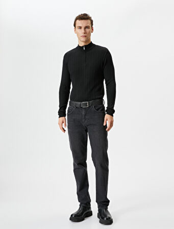 Yarım Fermuarlı Kazak Dik Yaka Dokulu Uzun Kollu