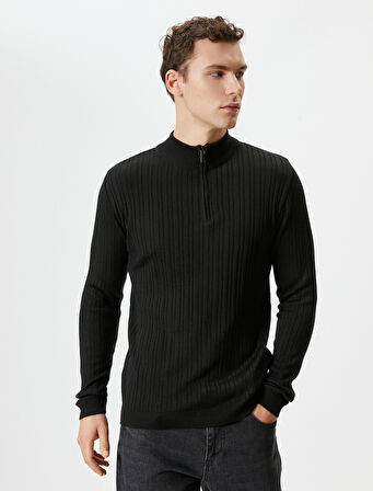 Yarım Fermuarlı Kazak Dik Yaka Dokulu Uzun Kollu