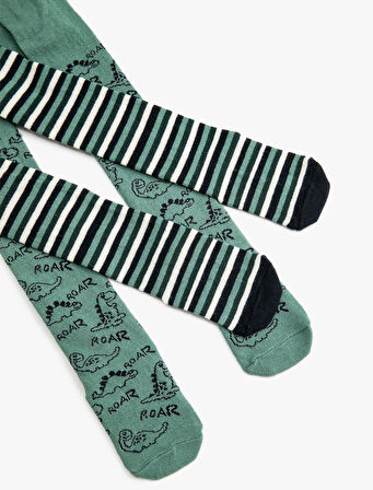 2'li Külotlu Çorap Çok Renkli Dinozor Desenli Pamuklu