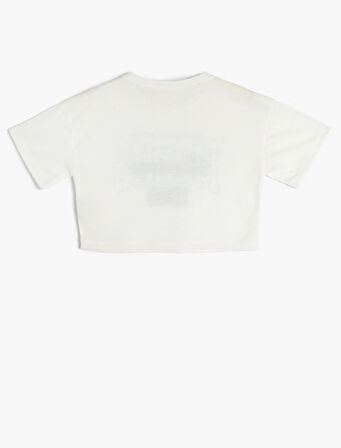 Crop Oversize Tişört Kısa Kollu Bisiklet Yaka Baskılı