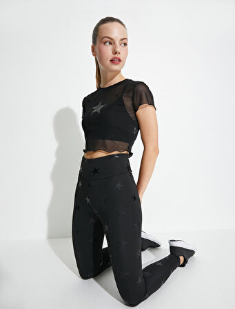 Spor Crop Tişört Yıldız Baskılı Tül