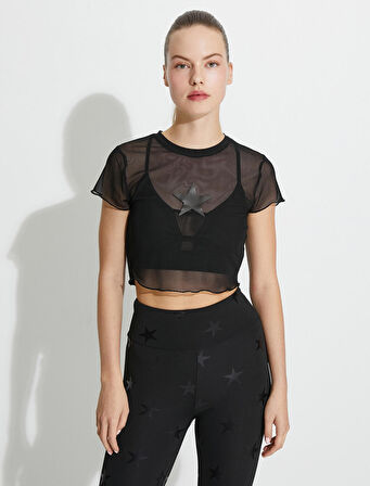 Spor Crop Tişört Yıldız Baskılı Tül