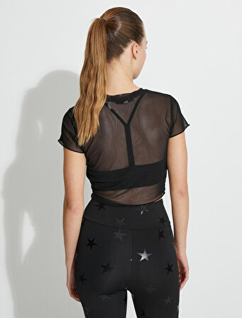 Spor Crop Tişört Yıldız Baskılı Tül