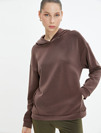Kapşonlu Yoga Sweatshirt Modal Kumaş Yumuşak Tuşe Dokulu Bol Kalıp Cepli