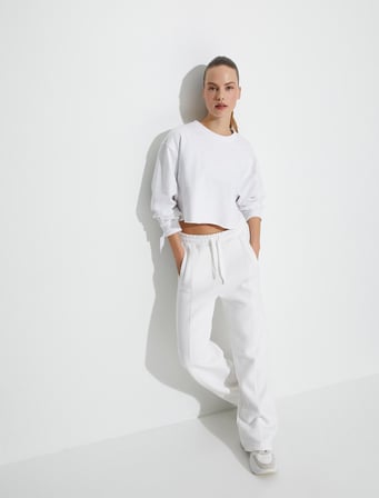 Oversize Crop Sweatshirt Şardonlu Basic Uzun Kollu Pamuklu 