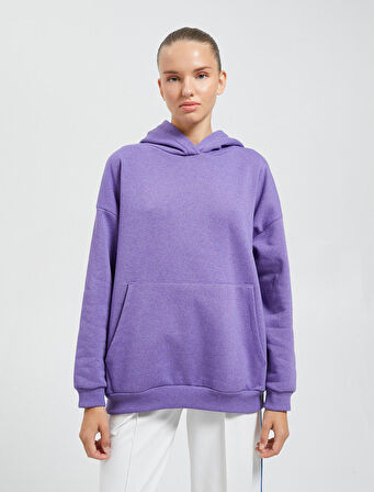 Oversize Sweatshirt Kapüşonlu Şardonlu Kanguru Cepli Ribanalı