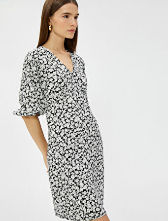 Mini Çiçekli Elbise V Yaka Kısa Kollu Ecovero® Viscose