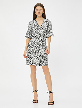 Mini Çiçekli Elbise V Yaka Kısa Kollu Ecovero® Viscose