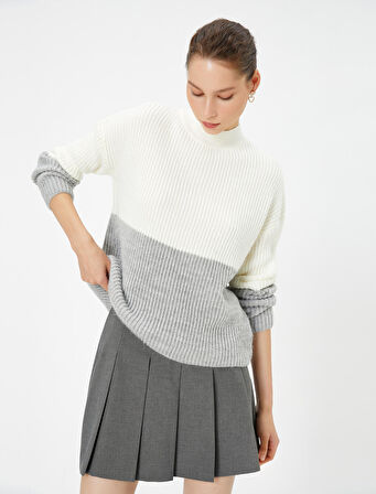 Renk Bloklu Triko Kazak Uzun Kollu Dik Yaka