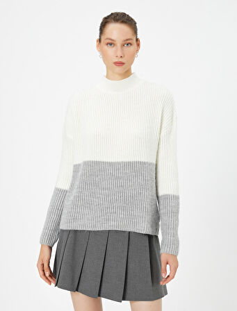 Renk Bloklu Triko Kazak Uzun Kollu Dik Yaka