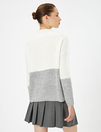 Renk Bloklu Triko Kazak Uzun Kollu Dik Yaka