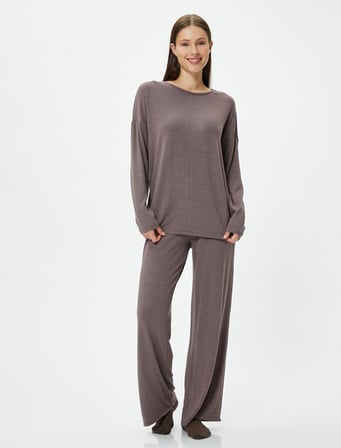 Pijama Üstü Uzun Kollu Bisiklet Yaka Viskon Karışımlı