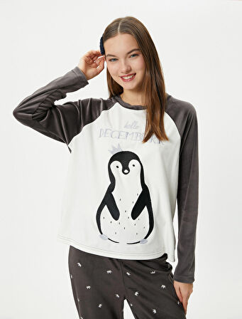 Polar Pijama Üstü Penguen Nakışlı Bisiklet Yaka Reglan Kol