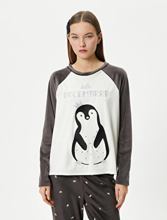 Polar Pijama Üstü Penguen Nakışlı Bisiklet Yaka Reglan Kol