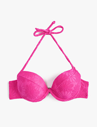 Balenli Bikini Üstü Çiçek Dokulu Kaplı Boyundan Bağlamalı