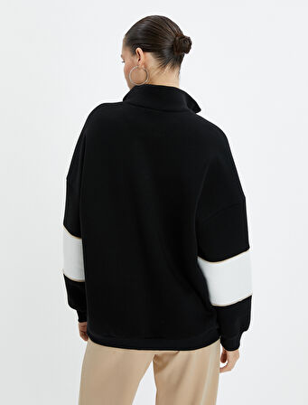 Kolej Oversize Sweatshirt Yarım Fermuarlı Dik Yaka Şardonlu Pamuklu