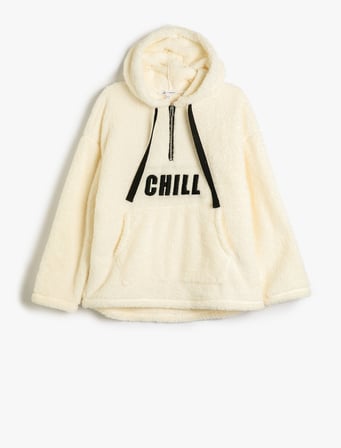 Kapşonlu Peluş Sweatshirt Yarım Fermuar Detaylı Kanguru Cepli İşlemeli