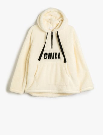 Kapşonlu Peluş Sweatshirt Yarım Fermuar Detaylı Kanguru Cepli İşlemeli