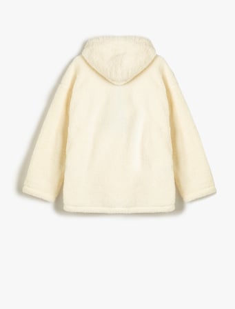Kapşonlu Peluş Sweatshirt Yarım Fermuar Detaylı Kanguru Cepli İşlemeli