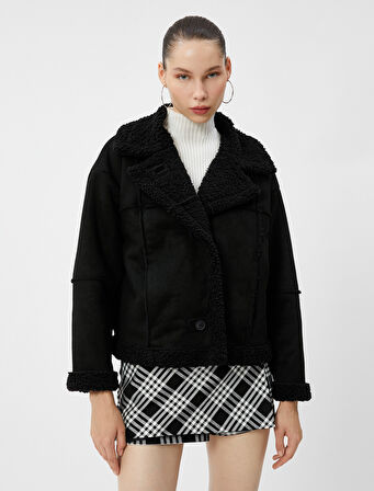 Biker Ceket Peluş Süet Görünümlü Cepli Düğme Detaylı