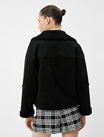 Biker Ceket Peluş Süet Görünümlü Cepli Düğme Detaylı