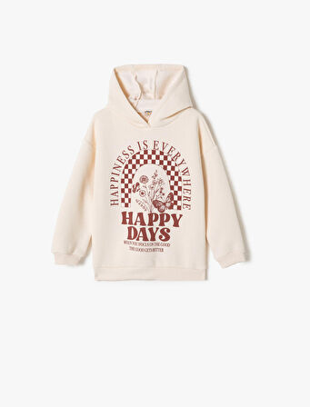 Kapşonlu Sweatshirt Şardonlu Uzun Kollu Bisiklet Yaka Baskılı 