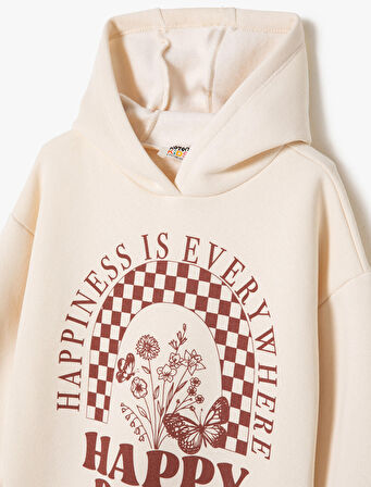 Kapşonlu Sweatshirt Şardonlu Uzun Kollu Bisiklet Yaka Baskılı 