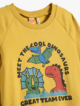 Dinozorlu Sweatshirt Şardonlu Uzun Kollu Bisiklet Yaka Pamuklu
