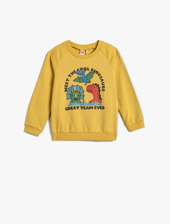 dinozorlu sweatshirt şardonlu uzun kollu bisiklet yaka pamuklu