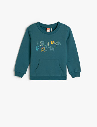 Sweatshirt Baskılı Uzun Kollu Bisiklet Yaka Kanguru Cepli Şardonlu Pamuklu