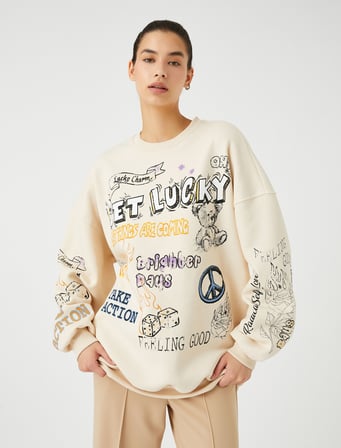 Oversize Sweatshirt Grafiti Baskılı Bisiklet Yaka Uzun Kollu