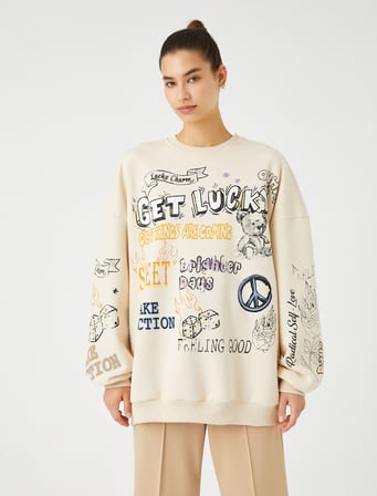 Oversize Sweatshirt Grafiti Baskılı Bisiklet Yaka Uzun Kollu