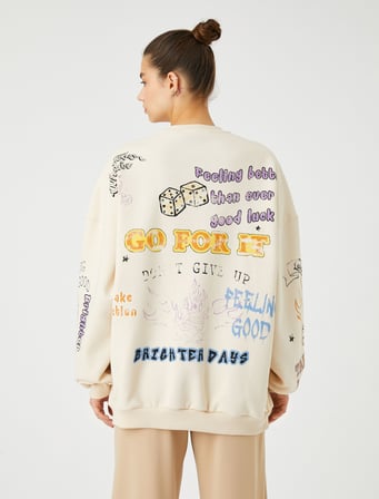 Oversize Sweatshirt Grafiti Baskılı Bisiklet Yaka Uzun Kollu
