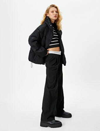 Oversize Şişme Mont Dik Yaka Cepli Çıtçıt Kapamalı