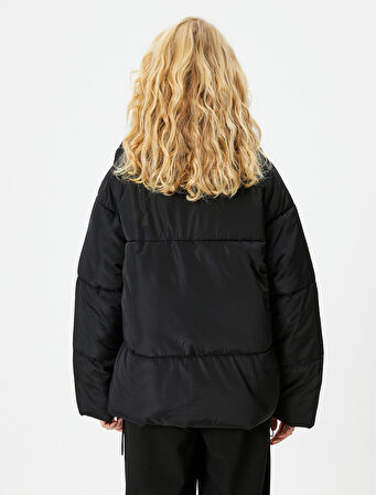 Oversize Şişme Mont Dik Yaka Cepli Çıtçıt Kapamalı