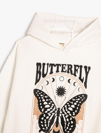 Kapşonlu Sweatshirt Şardonlu Kelebek Baskılı