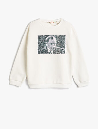 Payetli Atatürk Baskılı Sweatshirt Uzun Kollu Bisiklet Yaka Şardonlu 