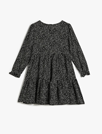 Uzun Kollu Midi Elbise Puantiyeli Yuvarlak Yaka Manşetleri Lastikli