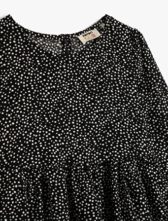 Uzun Kollu Midi Elbise Puantiyeli Yuvarlak Yaka Manşetleri Lastikli