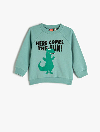 Dinozor Baskılı Sweatshirt Uzun Kollu Bisiklet Yaka Şardonlu Pamuklu 