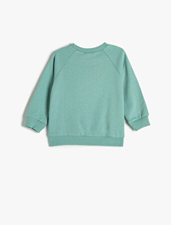 Dinozor Baskılı Sweatshirt Uzun Kollu Bisiklet Yaka Şardonlu Pamuklu 