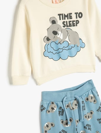 Pamuklu Pijama Takımı Koalalı Uzun Kollu Tişört Ve Beli Lastikli Pijama Altı 2 Parça