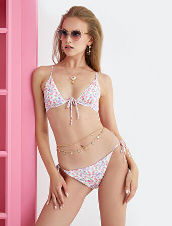 Çiçekli Bikini Altı Yandan Bağlama Detaylı Normal Bel